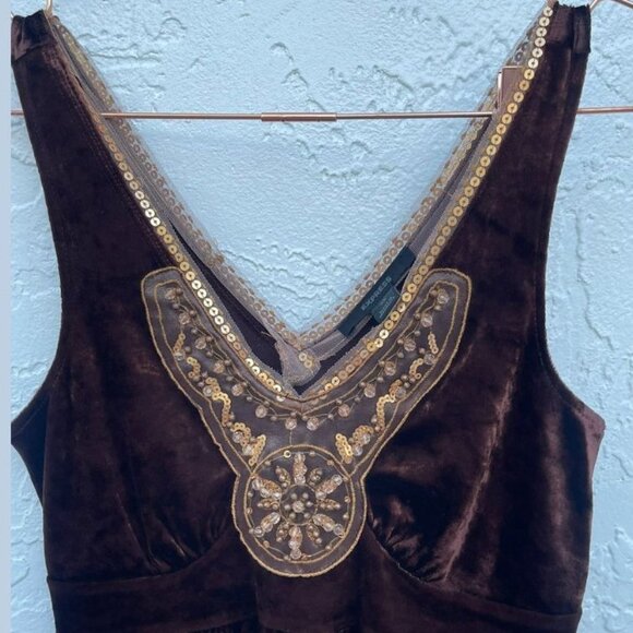 Express Womens Asymmetrical Gold Sequin Sleeveless Top Velvet Brown Sz XS - Picture 5 of 11